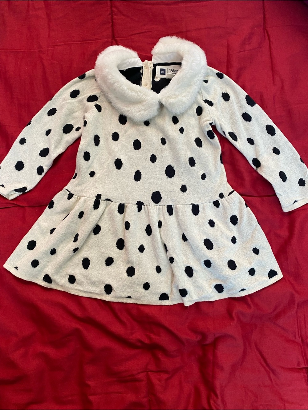 Disney Baby Cream Dress with Black Polka Dots and Faux Fur Collar S 12-18 Months